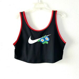 Nike Black Crop Top with Red Trim and Blue Floral Design